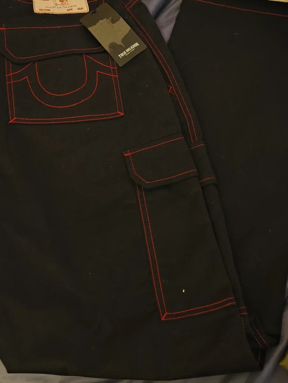True Religion Men Cargo Pants Jet Black with Red Stitching